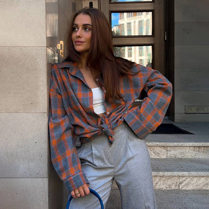 Women's Oversized Plaid Long Sleeve Button Down Shirt