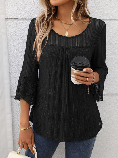 Elegant Round Neck Lotus Leaf Sleeve Mesh Top