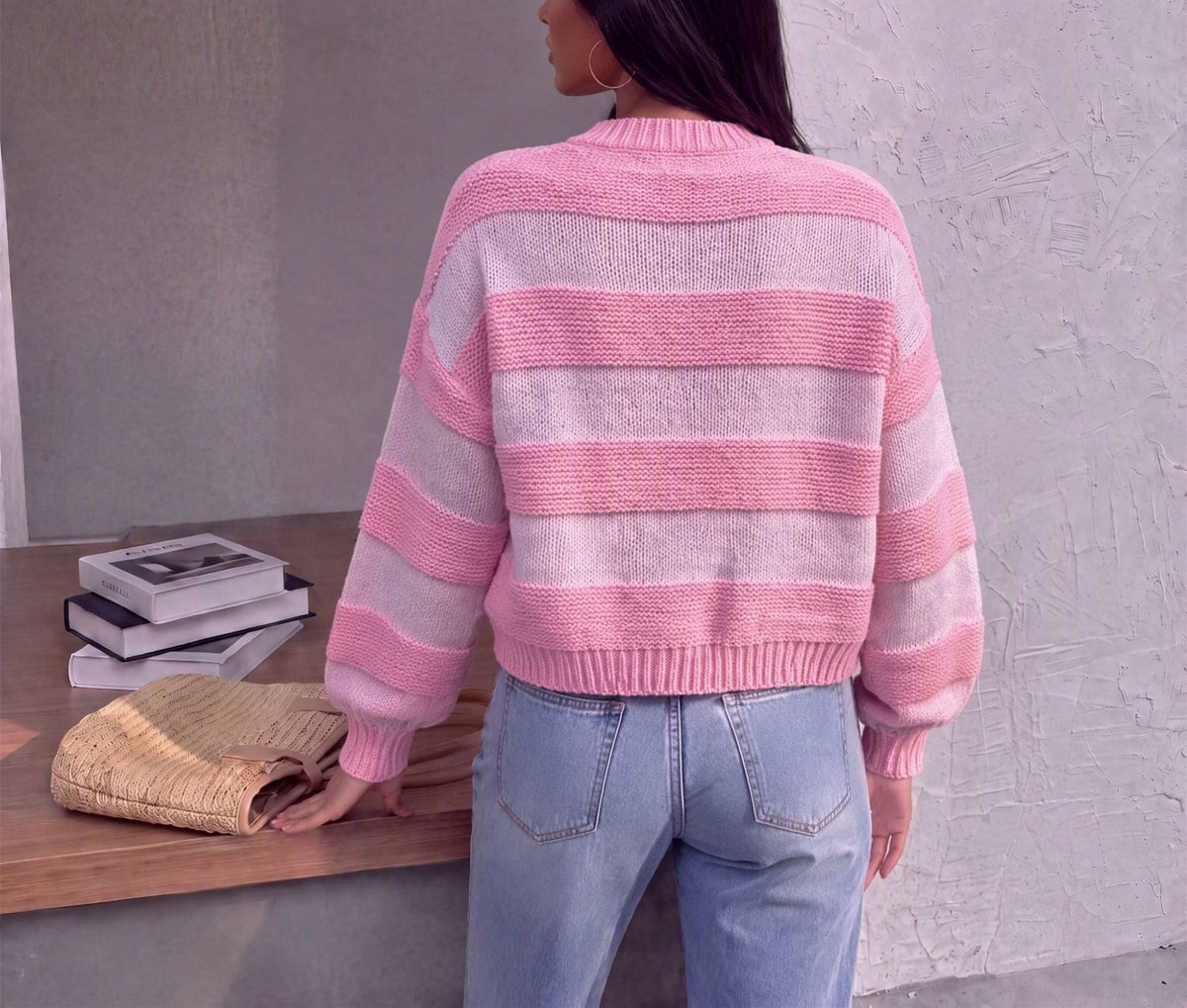 Women's Pink Striped Oversized Crewneck Sweater
