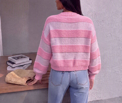 Women's Pink Striped Oversized Crewneck Sweater