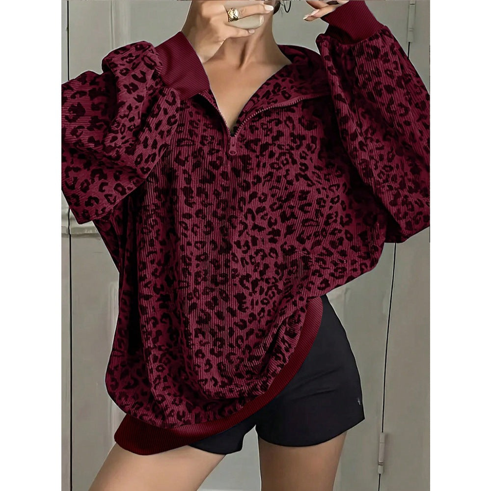 Leopard Print Oversized Quarter Zip Pullover Sweatshirt