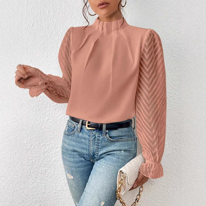 Semi-Turtleneck Spliced Wavy Chiffon Long-Sleeve Top