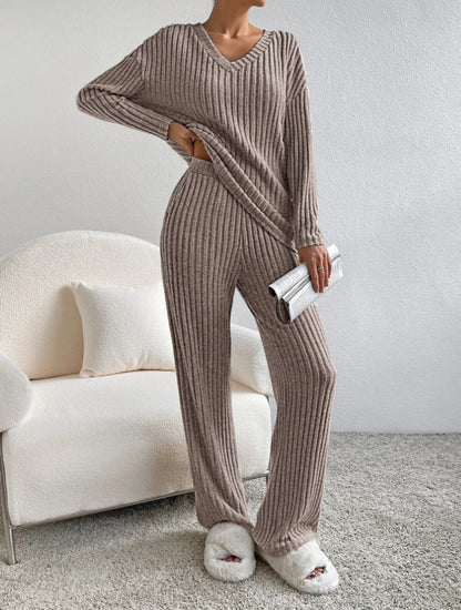 Women's Ribbed Knit V Neck Lounge Set Straight Leg Pants