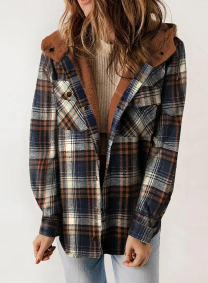 Women's Plaid Fleece Hooded Shacket with Pockets