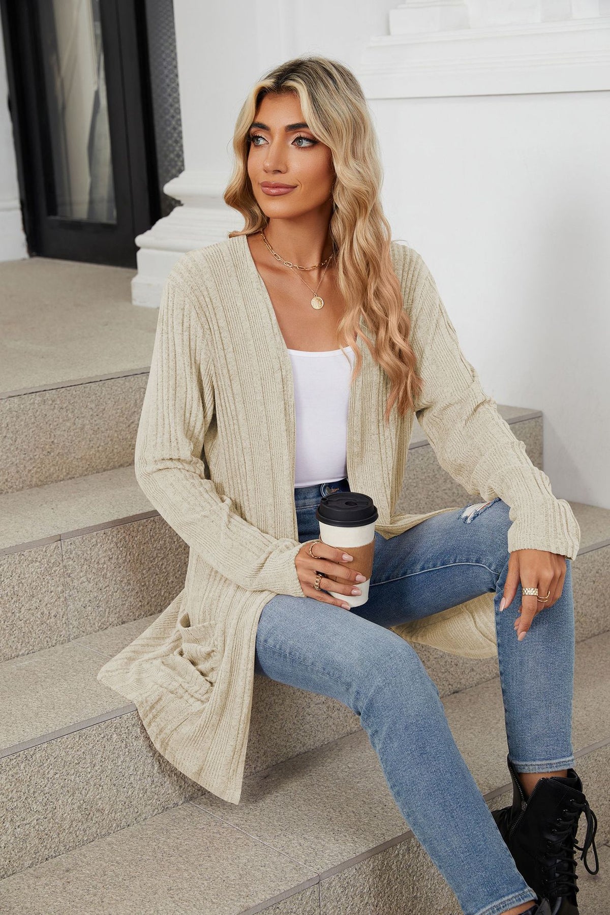 Women's Long Sleeve Ribbed Open Front Cardigan Pockets