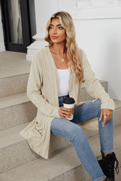 Women's Long Sleeve Ribbed Open Front Cardigan Pockets