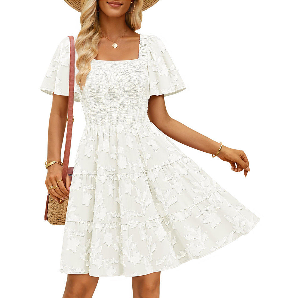 Smocked Square Neck Floral Tiered Mini Dress Flutter Sleeve