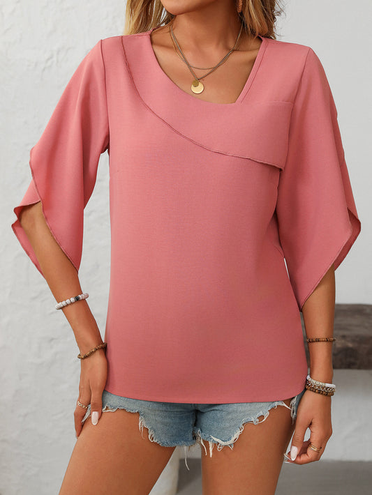 Casual Oblique V-Neck Chiffon Bud Sleeve Top