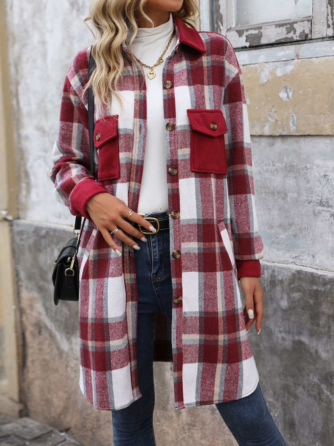 Plaid Shirt Jacket for Women - Long Button Front Coat