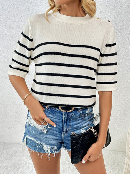 Striped Knit Sweater Tee Button Shoulder Casual Pullover