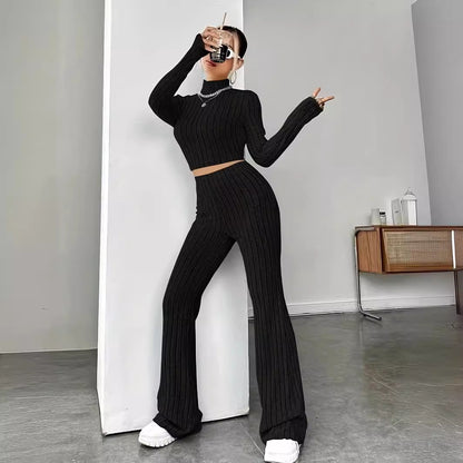 Women's Ribbed Knit Crop Top & Flare Pants Matching Set