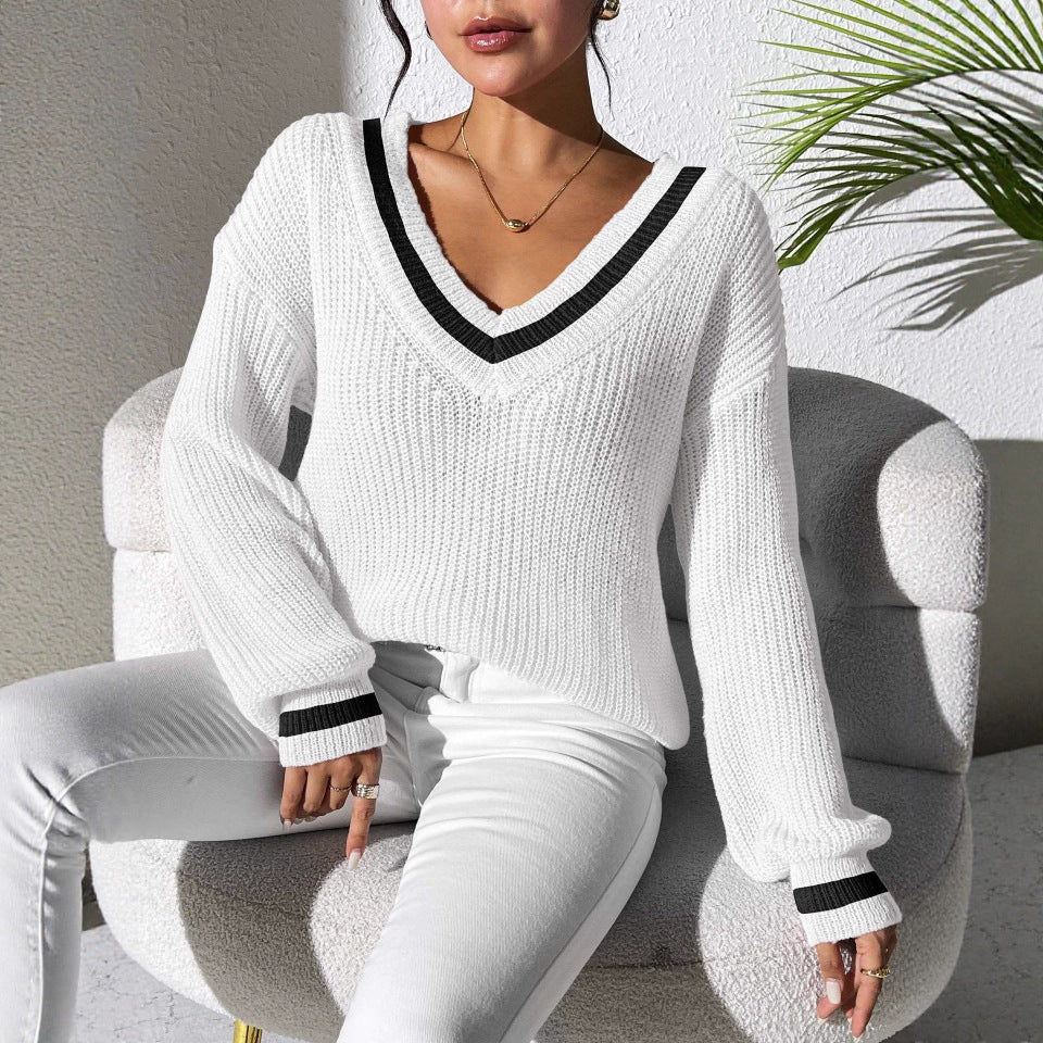 Oversized Preppy V-Neck Color Block Sweater
