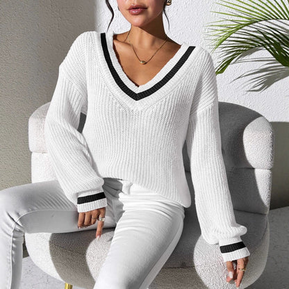 Oversized Preppy V-Neck Color Block Sweater