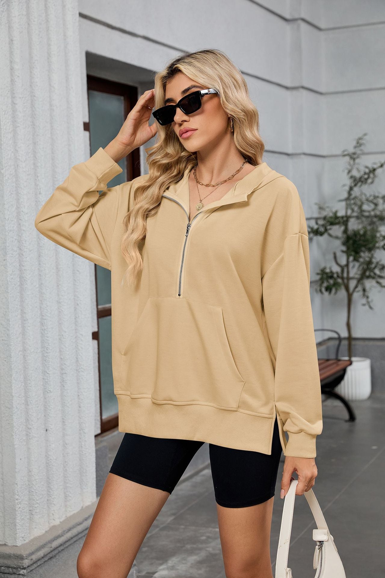 Womens Half Zip Hoodie Oversized Pocket Sweatshirt
