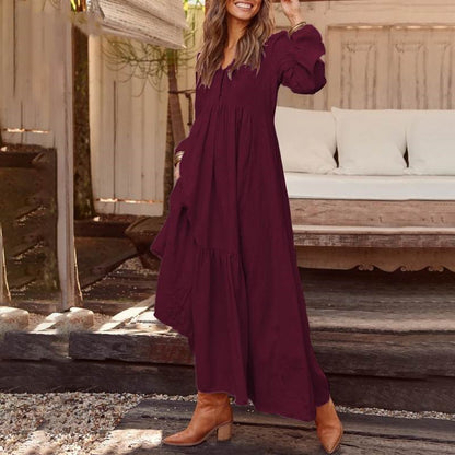 Women's Long Sleeve V-Neck Button Tiered Maxi Dress Pockets