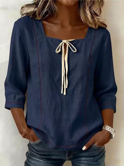 Women's Square Neck Tie Front 3/4 Sleeve Blouse Top