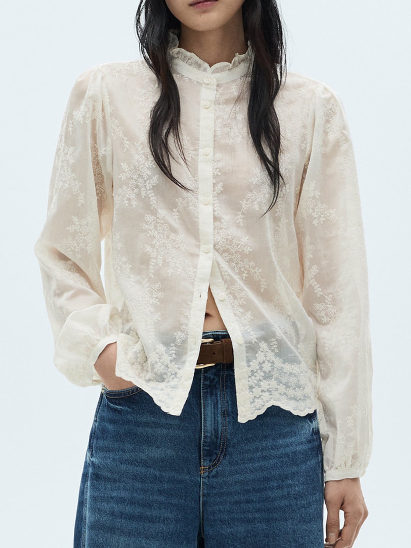 Sheer Floral Embroidered Blouse Ruffle Neck Long Sleeve