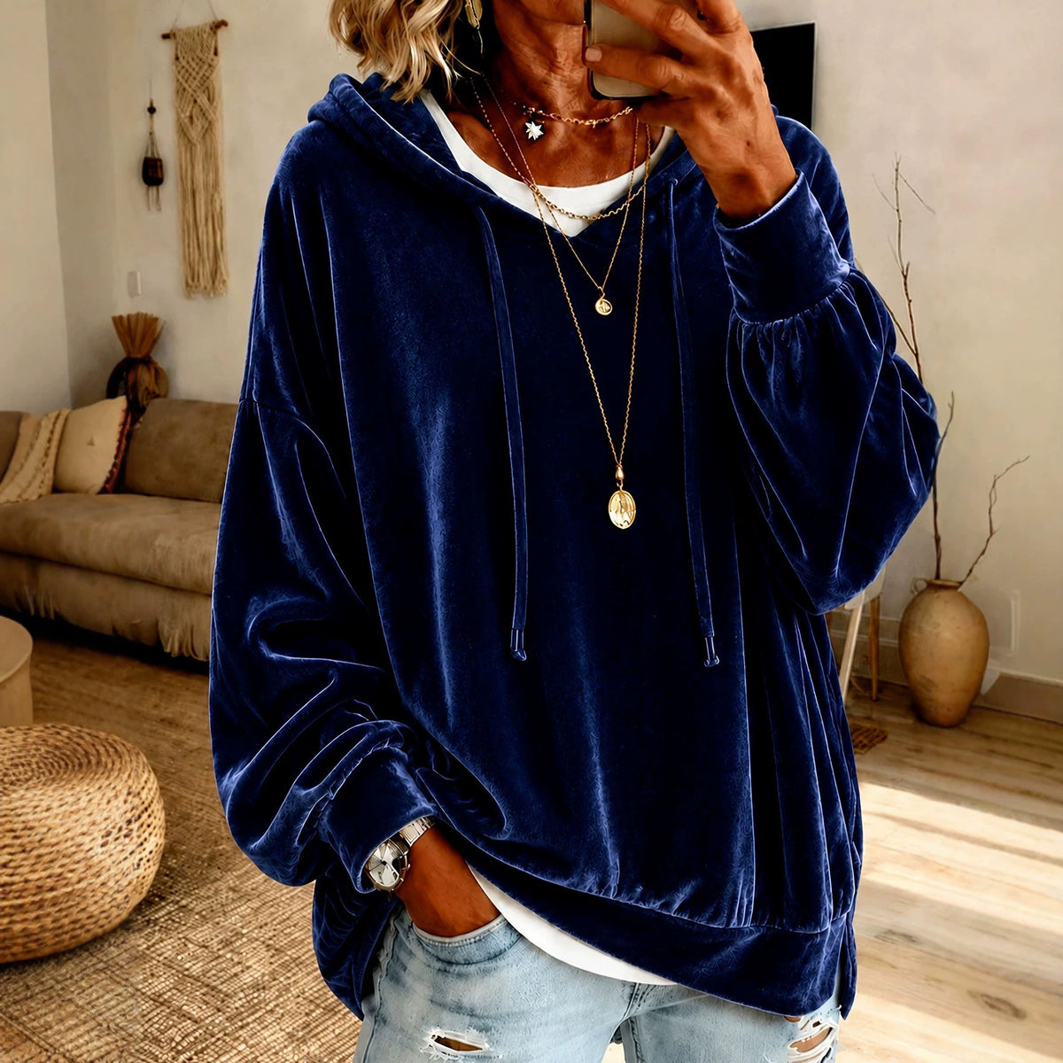 Women's Oversized Velvet Hoodie Long Sleeve Pullover Top