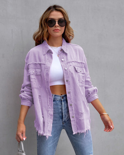 Hot Pink Distressed Denim Jacket Oversized Button Down