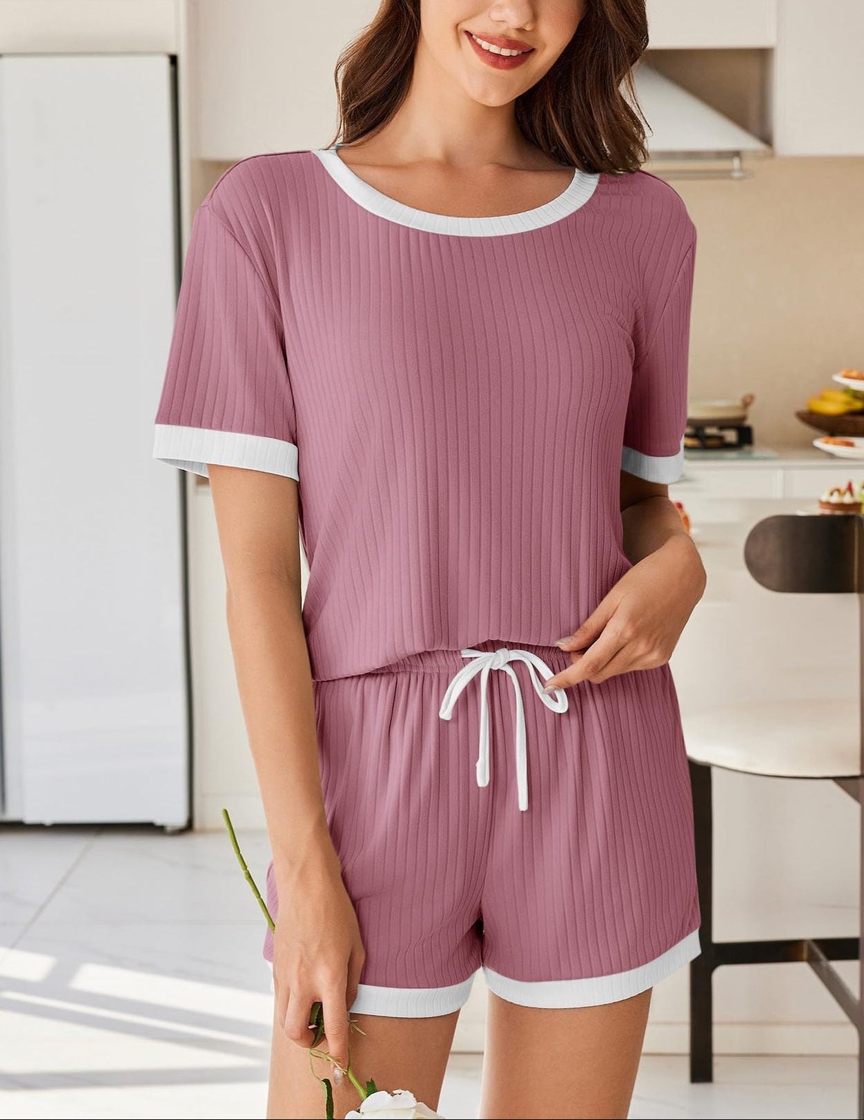 Ribbed Colorblock Lounge Shorts Set Summer Pajama