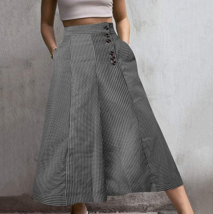 Women's Striped High Waist Wide Leg Pants Button Detail