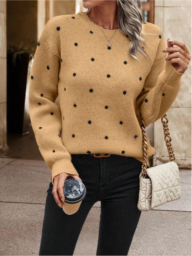 Women's Polka Dot Crew Neck Long Sleeve Pullover Sweater