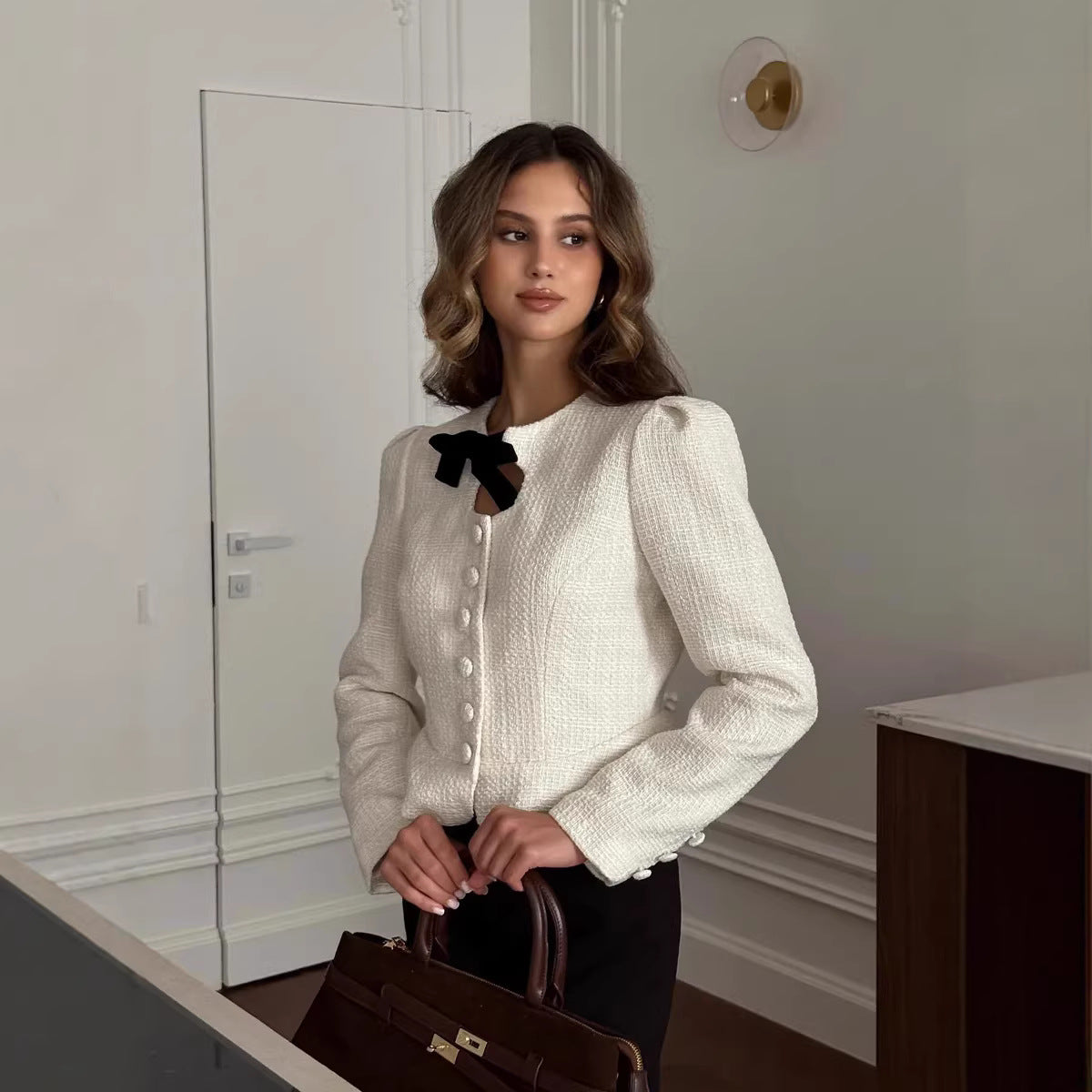 Women's Tweed Bow Cardigan Jacket French Chic