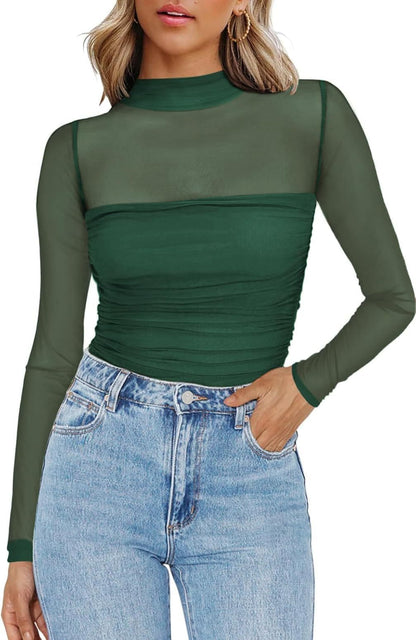 Y2K Mesh Semi-Turtleneck Long Sleeve Sexy T-Shirt