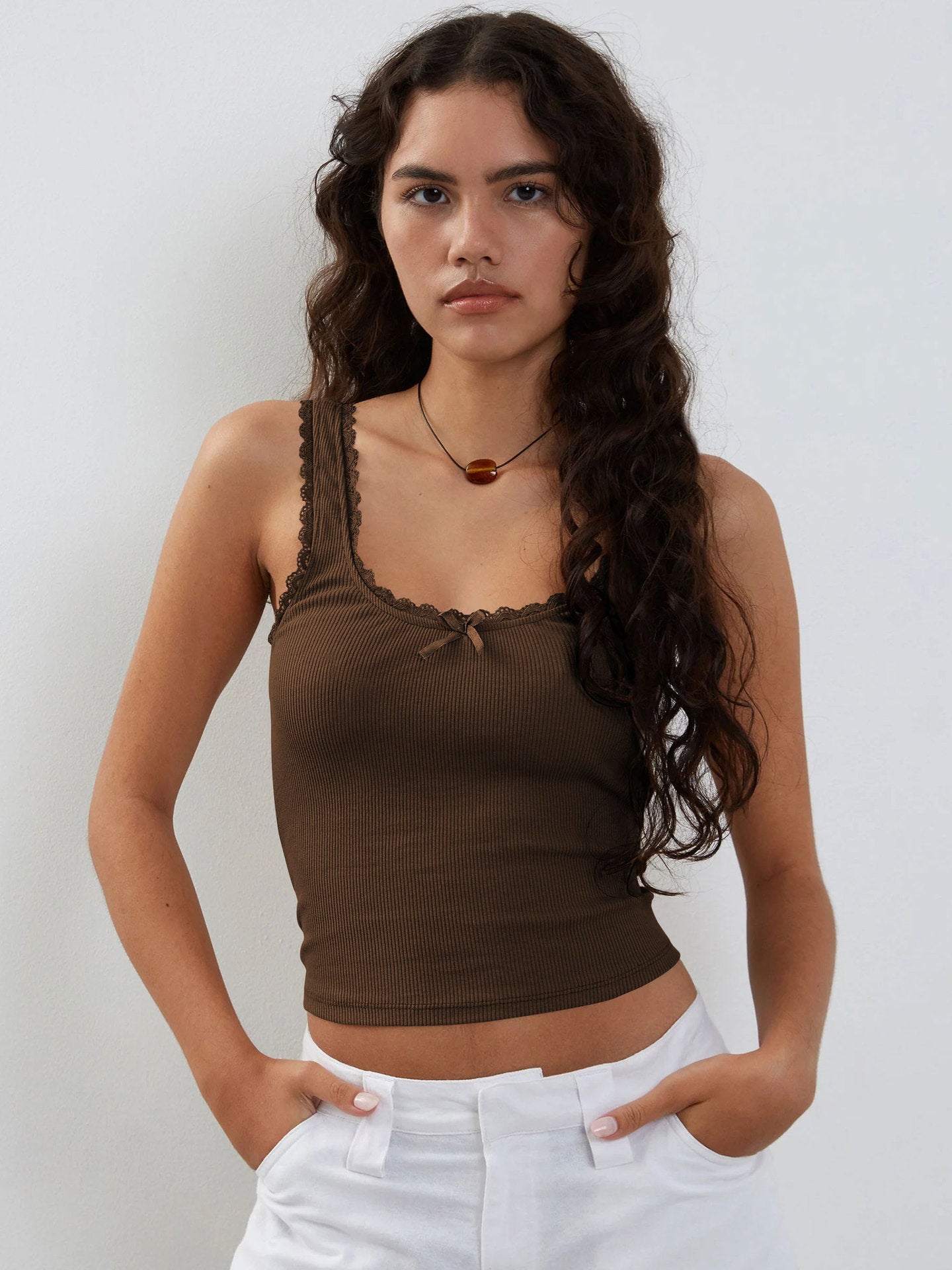 Ribbed Lace Trim Cami Top Slim Fit Cropped Tank