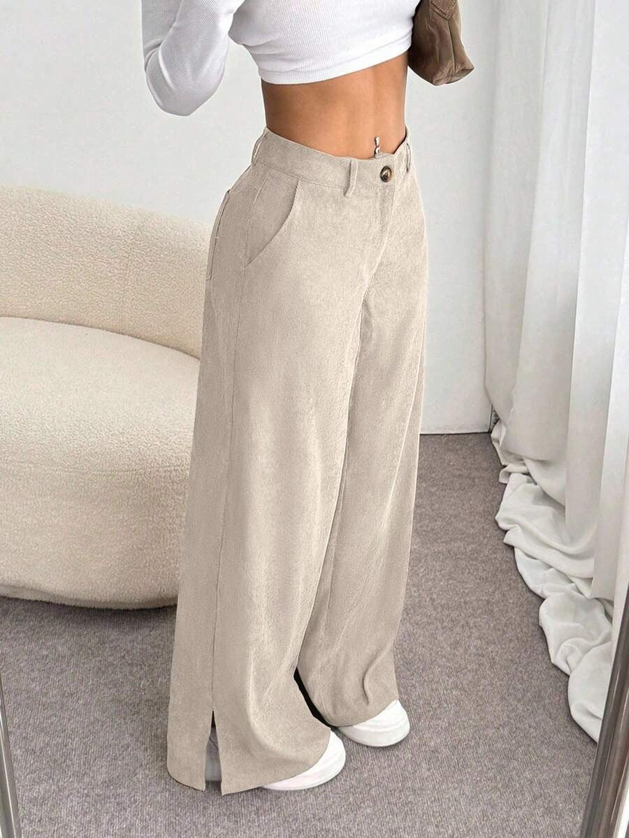 Women's Corduroy Wide Leg Pants Split Hem Casual Trousers