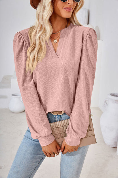 Women's V Neck Puff Sleeve Textured Tunic Top Long Sleeve