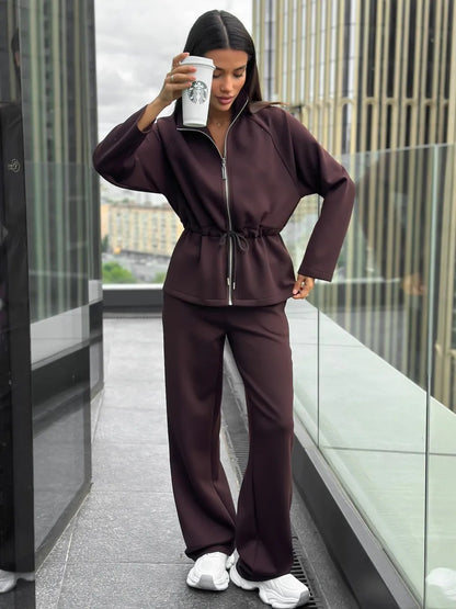 Women's Zip Up Drawstring Jacket Wide Leg Pants Set