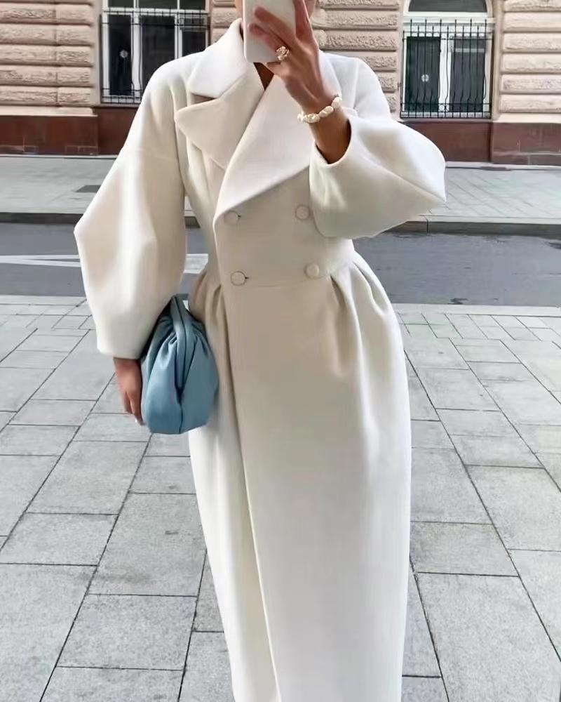 Women Wool Coat Double Breasted Balloon Sleeve Notch Lapel