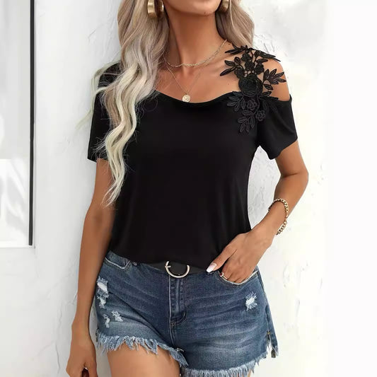 Women's Summer Solid Color Lace Splicing T-Shirt Top