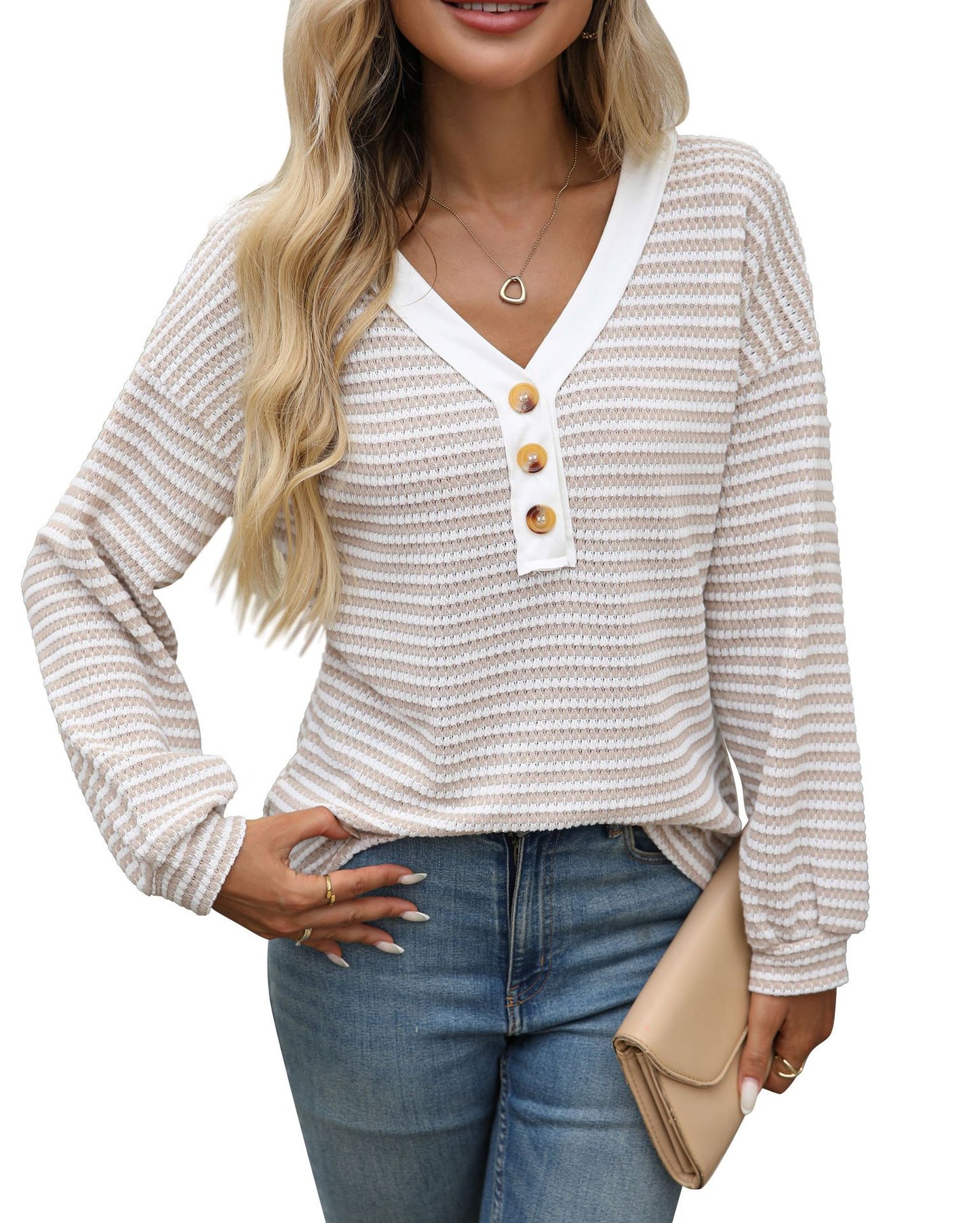 Striped V Neck Henley Long Sleeve Casual Knit Top