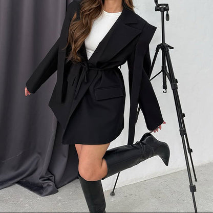 Women's Striped Belted Blazer Casual Lapel Short Jacket