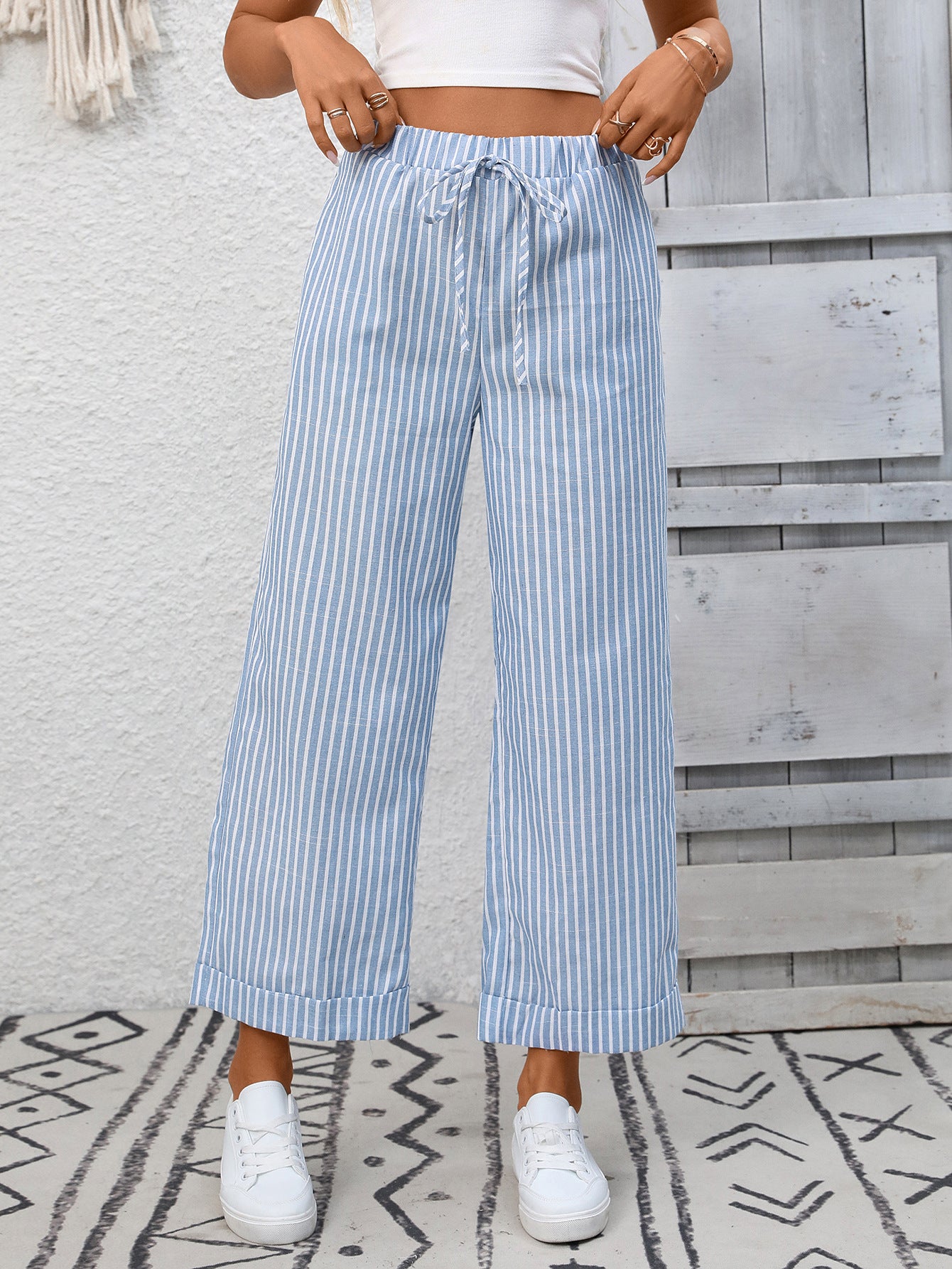 Striped High Waist Drawstring Wide Leg Summer Pants
