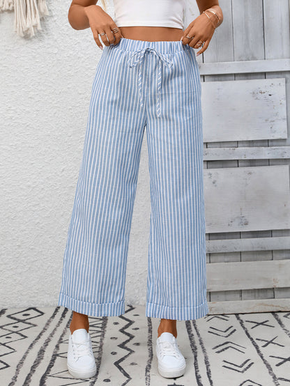 Striped High Waist Drawstring Wide Leg Summer Pants