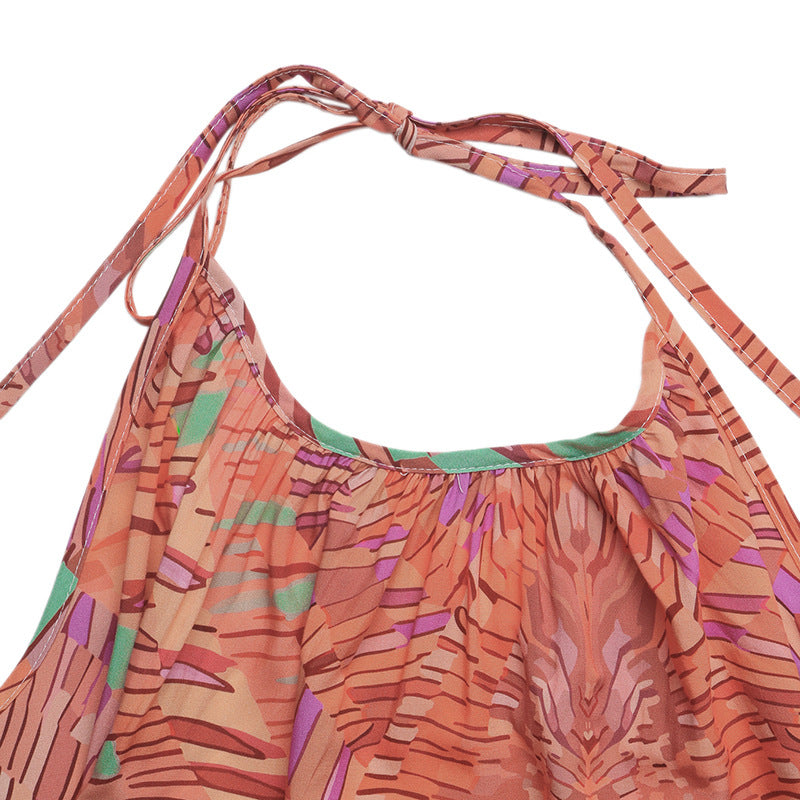 Boho Abstract Print Halter Maxi Dress Backless Resort Dress