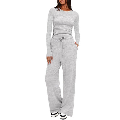 Women's Ruched Long Sleeve Top Wide Leg Pants Lounge Set