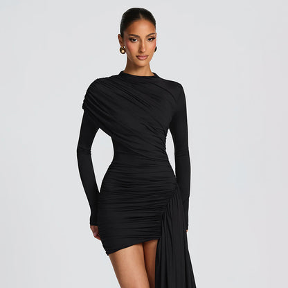 Long Sleeve Ruched Asymmetrical Draped Bodycon Mini Dress
