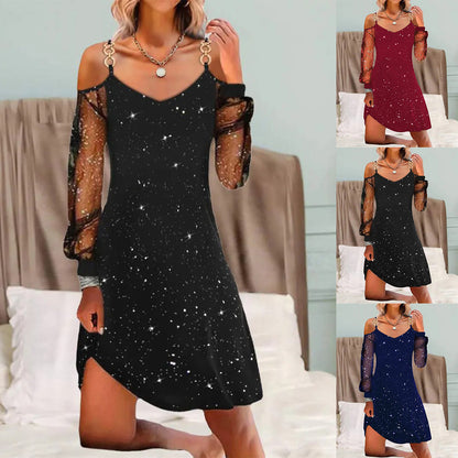 Women's Cold Shoulder Star Mesh Sleeve V-Neck A-Line Dress