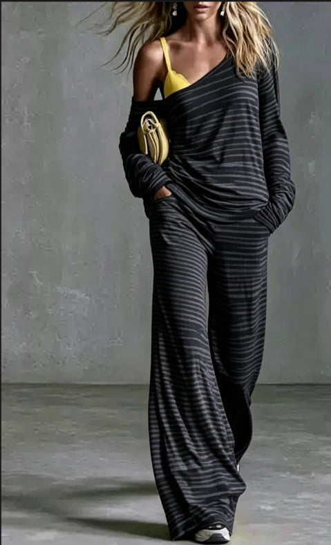 Women's Striped Off Shoulder Lounge Set Wide Leg Pants