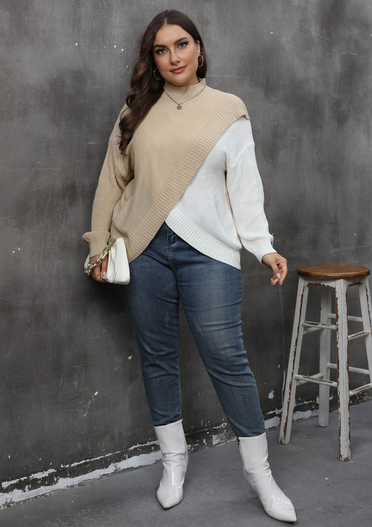 Women's contrasting splicing cross-knit sweater semi-turtleneck pullover