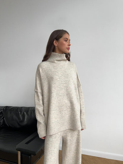 Knit Turtleneck Lounge Set with Wide Leg Pants