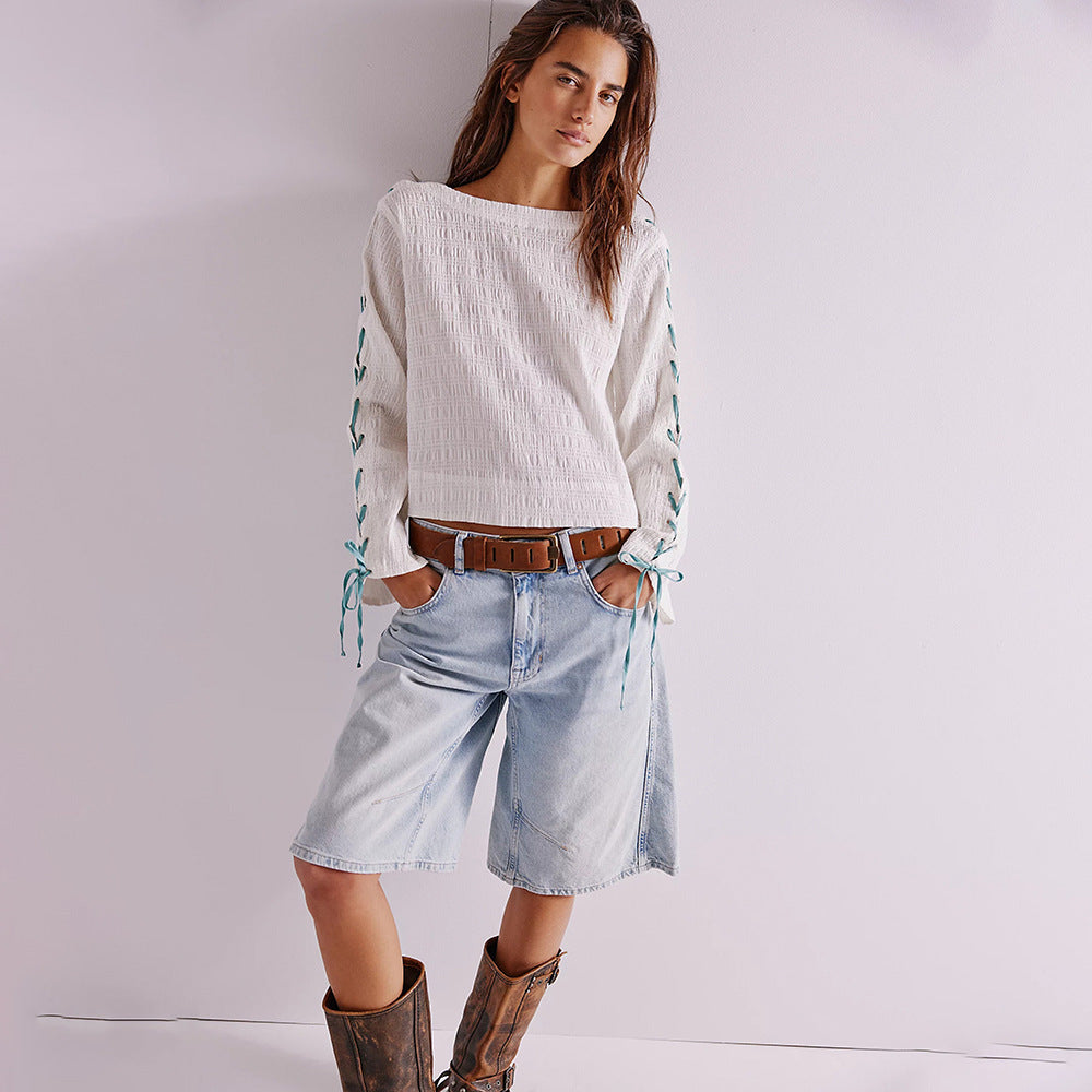 Women's Oversized Lace Up Long Sleeve Top