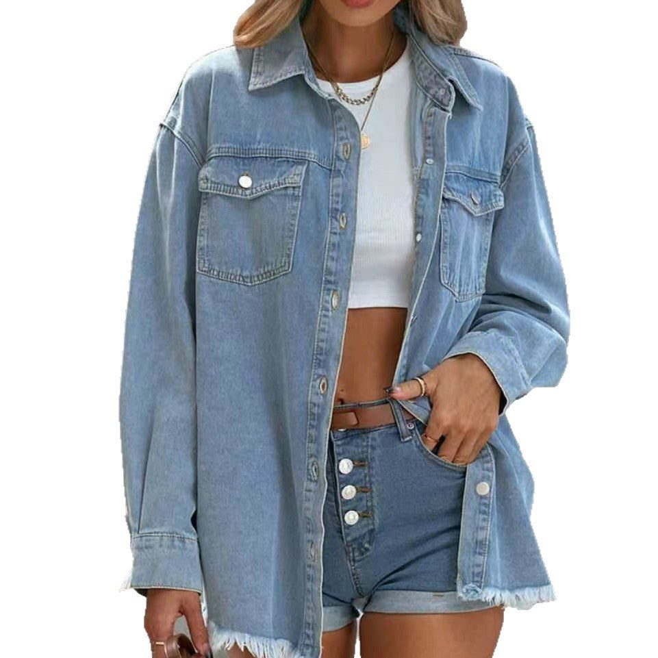 Women's Oversized Denim Shacket Frayed Hem Light Wash