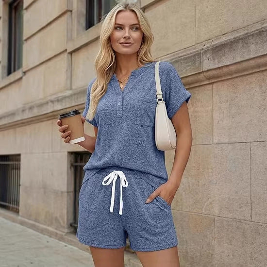 Knit Two Piece Set Short Sleeve Top Shorts Lounge Outfit