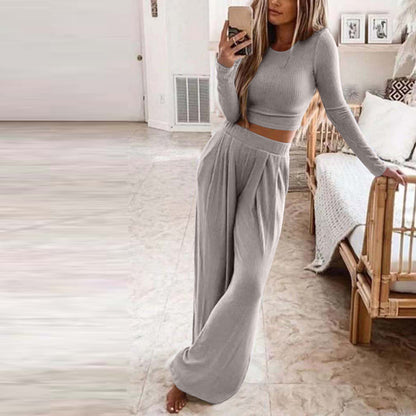 Women's Ribbed Crop Top and Wide Leg Pants Lounge Set
