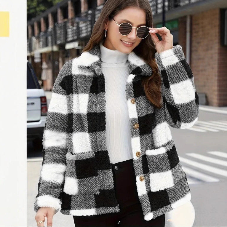 Plaid Teddy Fleece Button Front Sherpa Jacket
